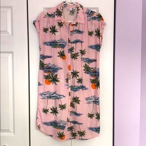 Tropical print sleeveless linen shirt dress
